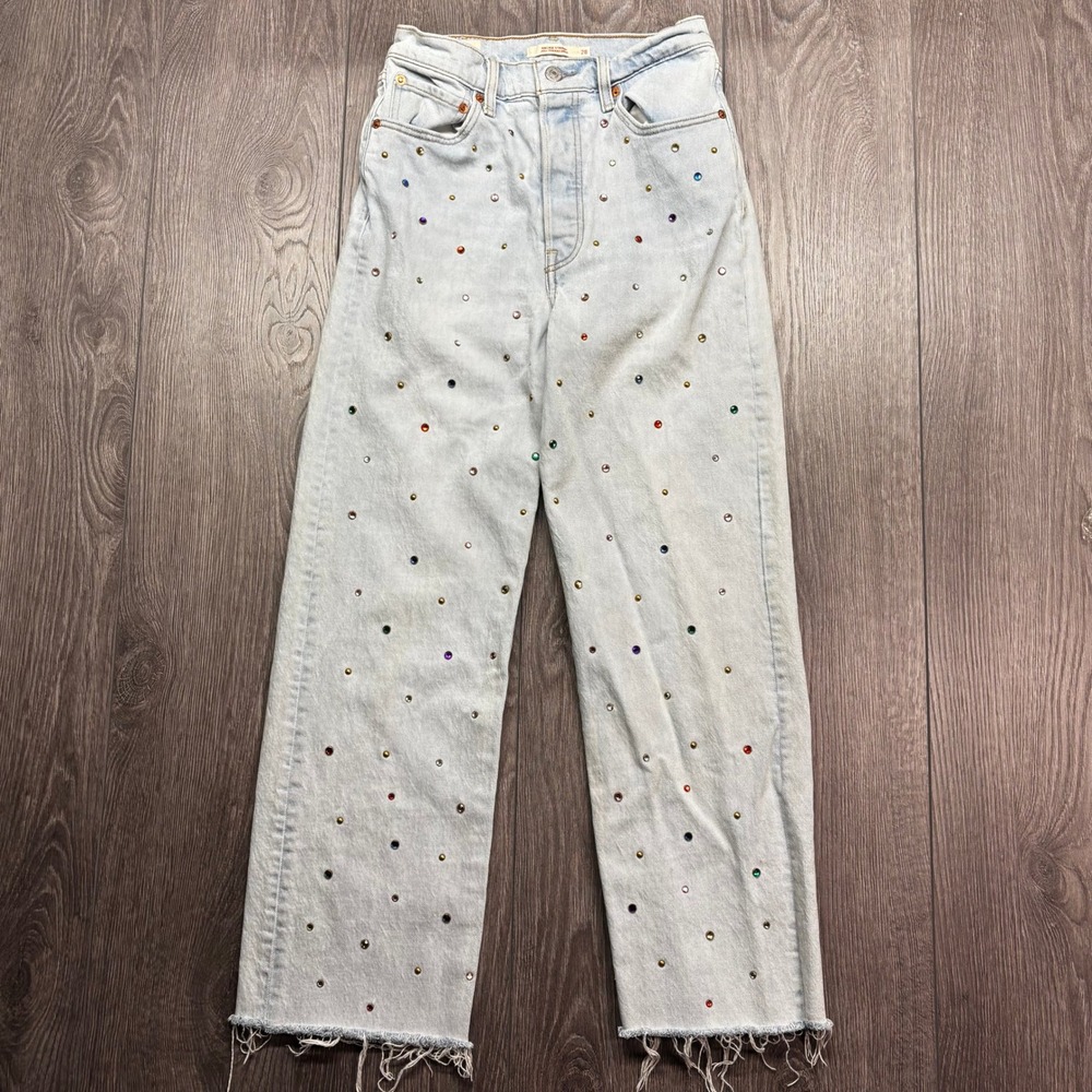 Levis Premium Ribcage Straight Rhinestone Jeans Light Wash Raw Hem 28 Womens